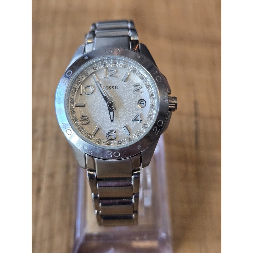 FOSSIL Stainless Steel Rhinestones Dial Watch AM4229 10 ATM. New Battery.